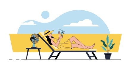 Obraz premium Relaxing Summer Day A Woman Lounging and Using Her Mobile Phone On The Beach