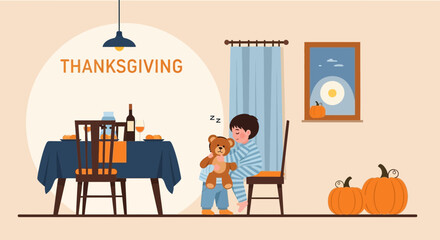 Fototapeta premium Thanksgiving Evening A Boy Sleeps With His Teddy Bear After Dinner