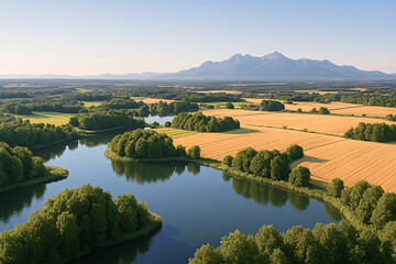Golden Fields and Forest River Islands with Mountain View – Aerial Landscape