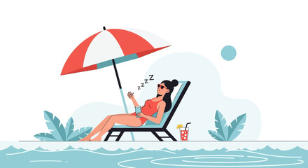 Woman Relaxing On Beach With Umbrella, Cocktail And Tropical Scenery