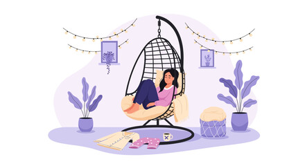 Obraz premium Woman Resting In Cozy Hanging Chair Enjoying Peaceful Moment At Home