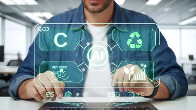 Person interacting with a holographic interface displaying sustainability and AI concepts