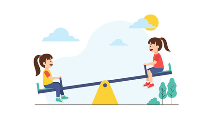 Fototapeta premium Two cheerful girls enjoying playtime on a see-saw under a sunny sky illustration