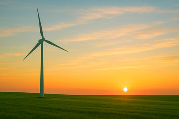 Lone Wind Turbine Silhouetted Against Colorful Sunset Sky Over Green Field