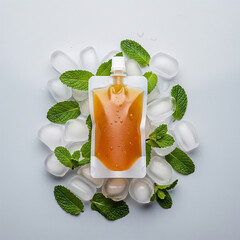 Energy jelly or juice pouch on a bed of ice and mint leaves. A refreshing, cool, and natural product mockup concept.