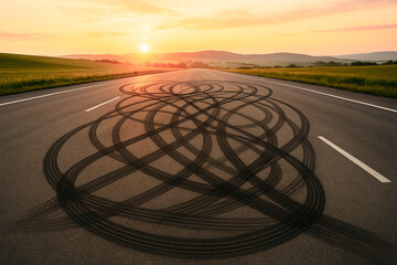 Chaotic Drift Marks on Empty Highway at Sunset