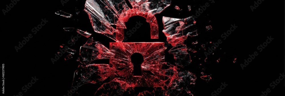 Poster shattered lock icon symbolizing the vulnerability of digital security due to malware threats in cybe