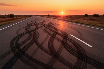 Chaotic Drift Marks on Empty Highway at Sunset