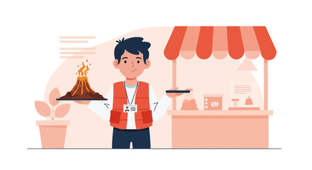 Obraz premium Volcano demonstration presenter at science fair with volcano model and equipment