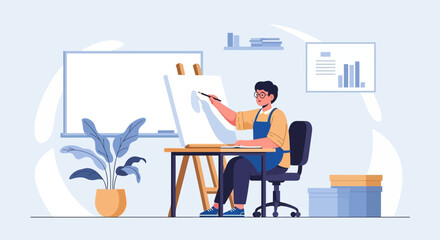 Young Artist Creating Artwork On Canvas In Studio With Creative Tools