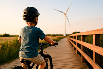 Child Biking Toward Wind Turbine at Golden Hour on Wooden Path