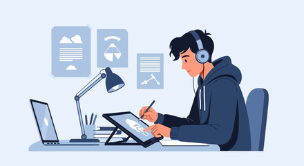 Young Artist Digital Creative Workflow Focused On Tablet With Headphones And Laptop