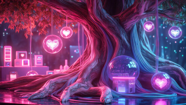 Neon Heart Orbs and Futuristic Tree Structure