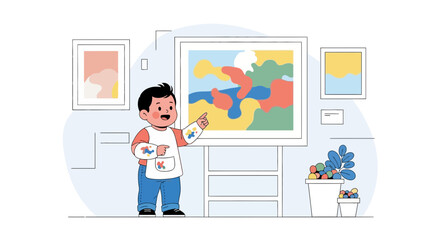 Fototapeta premium Young Artist Expressing Creativity in Modern Art Exhibition Gallery Visit