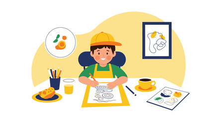 Fototapeta premium Young Artist Illustrating Tasty Food Items At His Home Creative Session