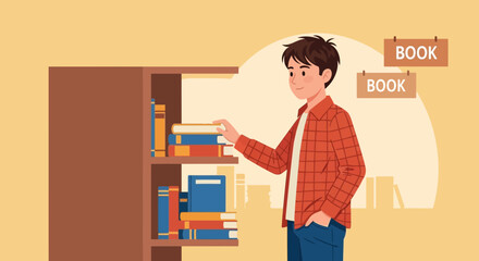 Young Man Choosing A Book From The Shelf In A Relaxed Setting