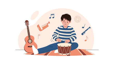 Young Artist Playing Drum With Guitar And Music Notes Background Vector