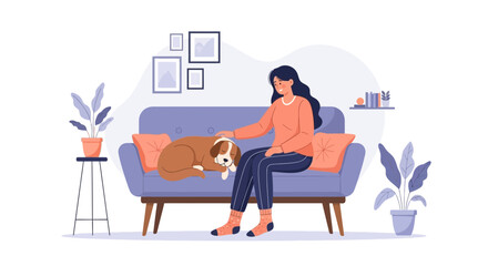 Woman Affectionately Petting Dog Resting on a Comfortable Sofa at Home