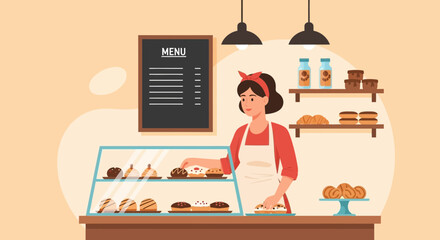 Woman Arranging Assorted Pastries Inside Glass Display Case In Bakery Shop