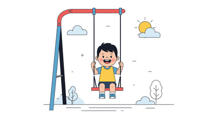 Smiling Boy Enjoying a Sunny Day on The Swing in a Playground Illustration