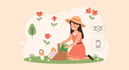 Smiling Girl Enjoying A Picnic Surrounded By Tulips On A Pleasant Day