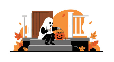 Spooky Ghost With Pumpkin Bucket On Stairs Enjoying Halloween Candy