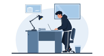 Fototapeta premium Young Man Working On Laptop At Desk In Home Office Illustration