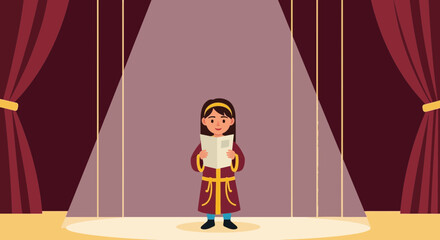Young Performer Standing On Stage Reading Script Under Spotlight In Theater