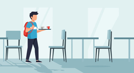 Student Carrying Coffee On Tray In School Cafeteria With Empty Tables