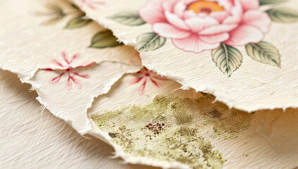 Torn Paper with Floral Designs and Discoloration