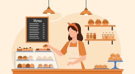 Woman Enjoying Pastry Variety At An Indoor Bakery With Retro Design