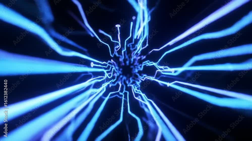 Poster a high-speed journey through a complex network of glowing blue digital energy streams.
