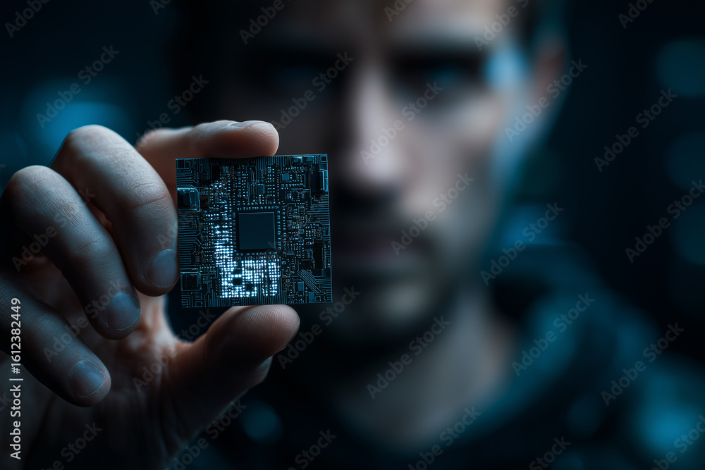 Aufkleber man holds up a computer chip in his hand with a dark background and blurred face