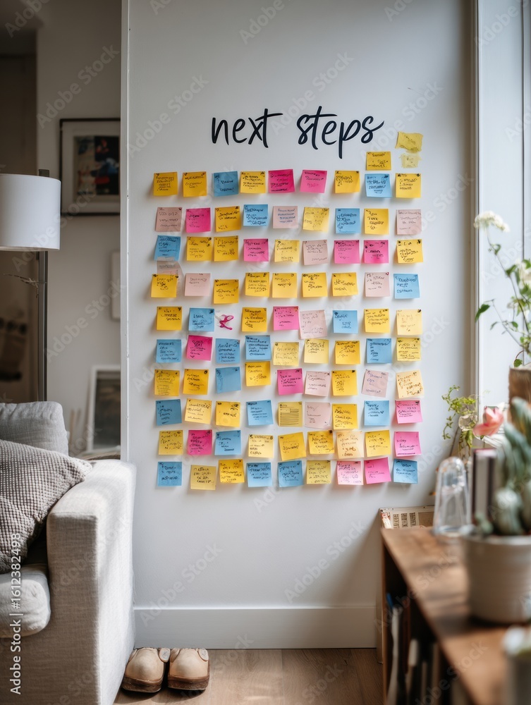 Poster whiteboard with colorful sticky notes outlining next steps in a minimalist room with open space on t