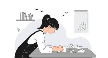 Young Woman Creates Origami In A Minimalist Room Setting And Bird Inspiration