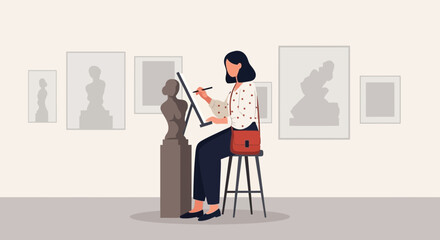 Young Woman Drawing a Sculpture in an Art Gallery Exhibition Illustration