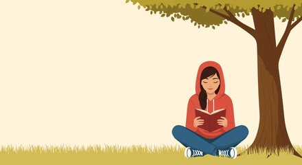 Young Woman Enjoying Reading A Book Under A Tree In Peaceful Nature