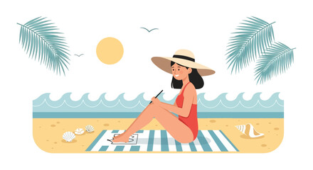 Young Woman Enjoying Summer Vacation Painting Art on the Beach Holiday