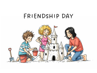 Friendship Day: Three Friends Building a Sandcastle