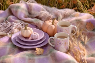 Pastel Halloween picnic with pumpkins and cozy decor for sublimation design or seasonal artwork