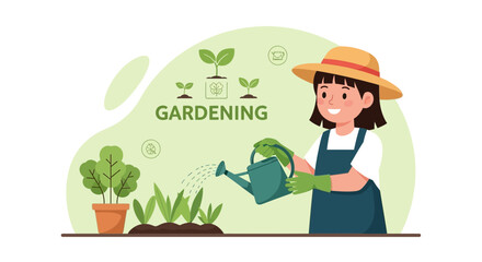 Young Woman Waters Plants In Her Garden With Smiling Face Expression