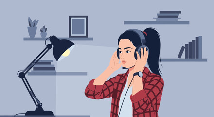 Fototapeta premium Young woman wearing headphones in a home office setting ready for a video call