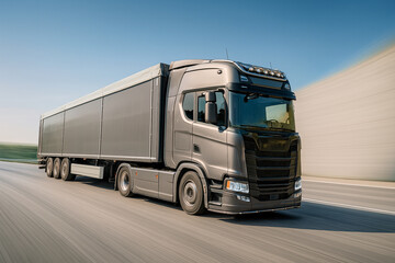 Sleek Dark Grey Sustainable Cargo Truck Transporter in Motion with Streamlined Blur on Express Lane