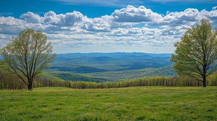 Obraz premium Panoramic vista of rolling hills, bright sky, trees