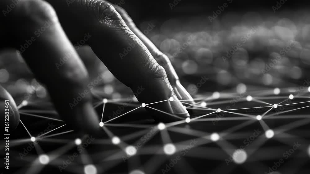 Poster hand reaching for keyboard keys, suggesting action of typing or controlling technology.