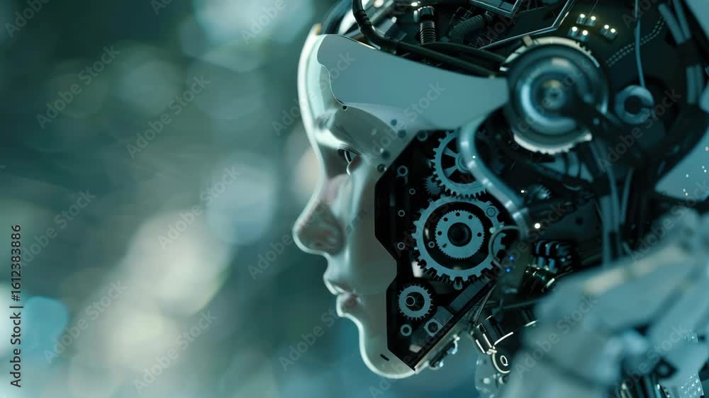 Poster head of humanoid robot with glowing eyes. has a cyberpunk feel, emphasizing advanced technology and 