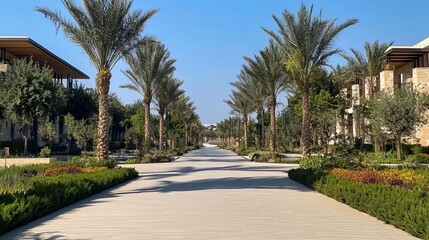 Obraz premium Wide paved path lined with palm trees and buildings