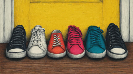 A row of six colorful sneakers lined up in front of a yellow door on a wooden floor.