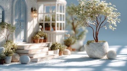 Serene Miniature Garden Scene with Cottage Door and Potted Plants, a calm scene