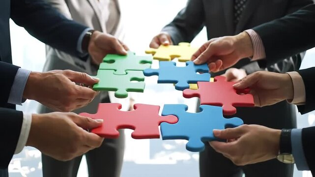 Diverse business team assembling colorful puzzle pieces.